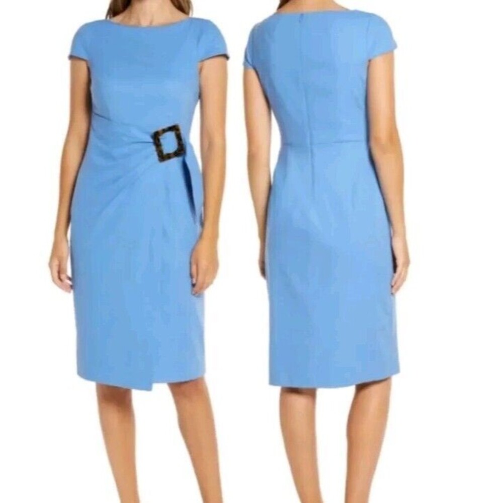 NEW Eliza J Linen Blend Faux Wrap Dress Size 12 Blue Midi Sheath Boat Neck
